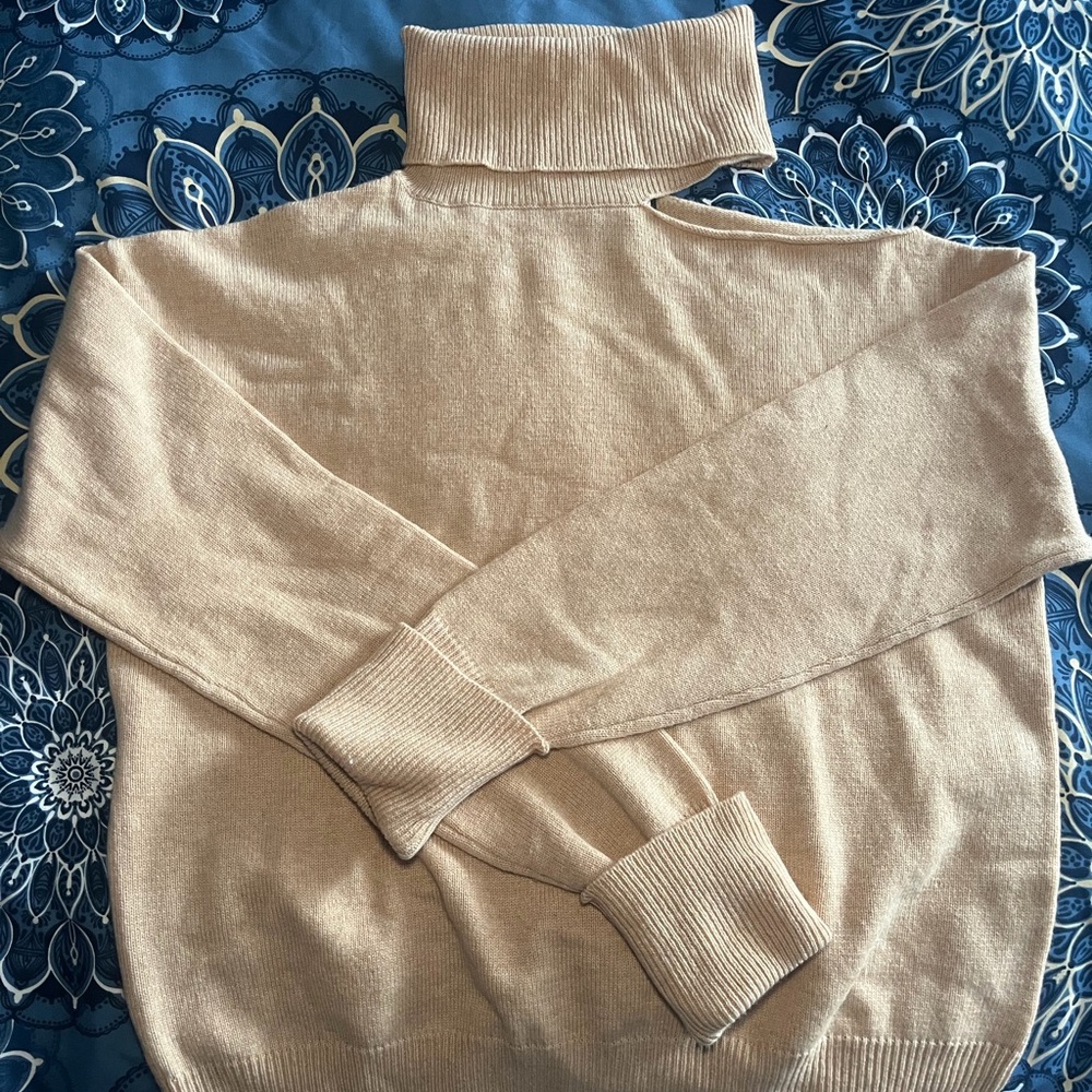 PAIGE Light Tan Turtleneck Sweater with Shoulder Cutout
